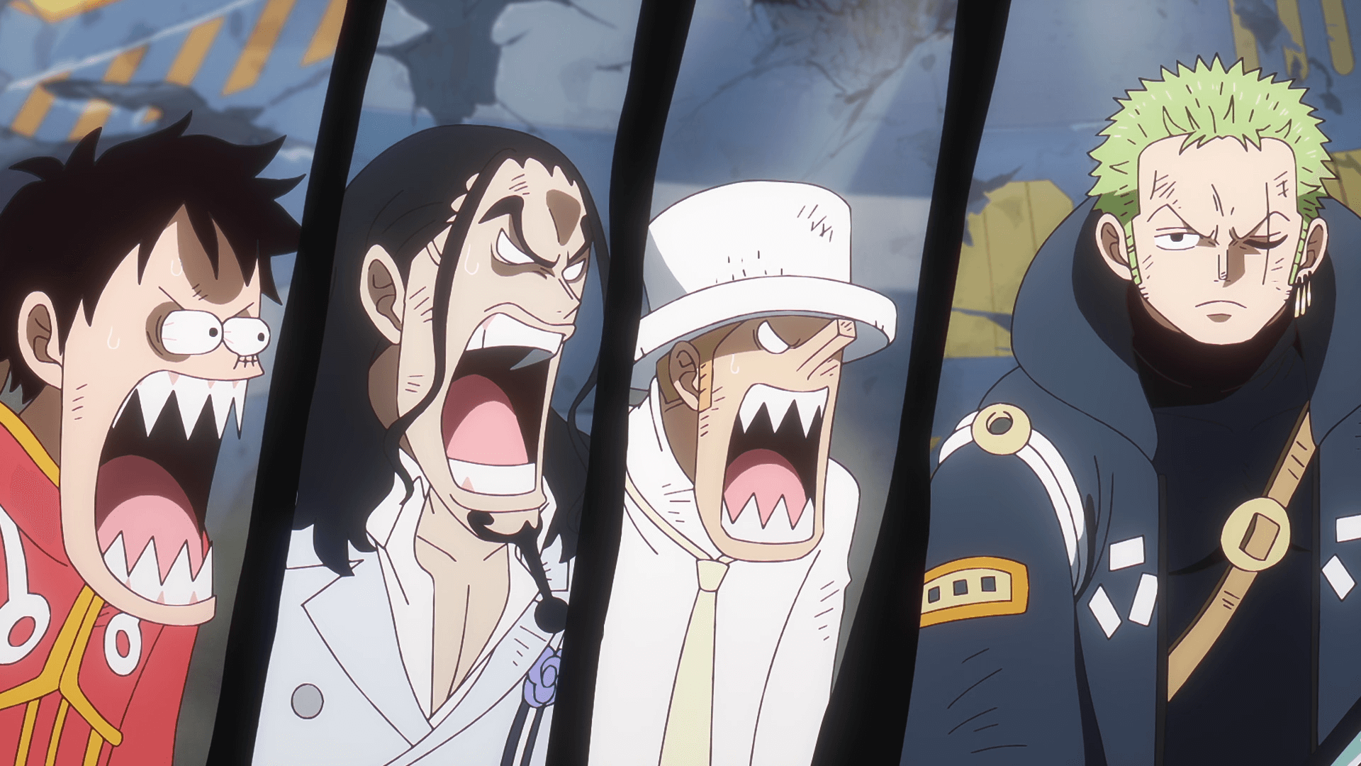 Retrato de una reacción exagerada de los personajes y Zoro con una expresión tranquila