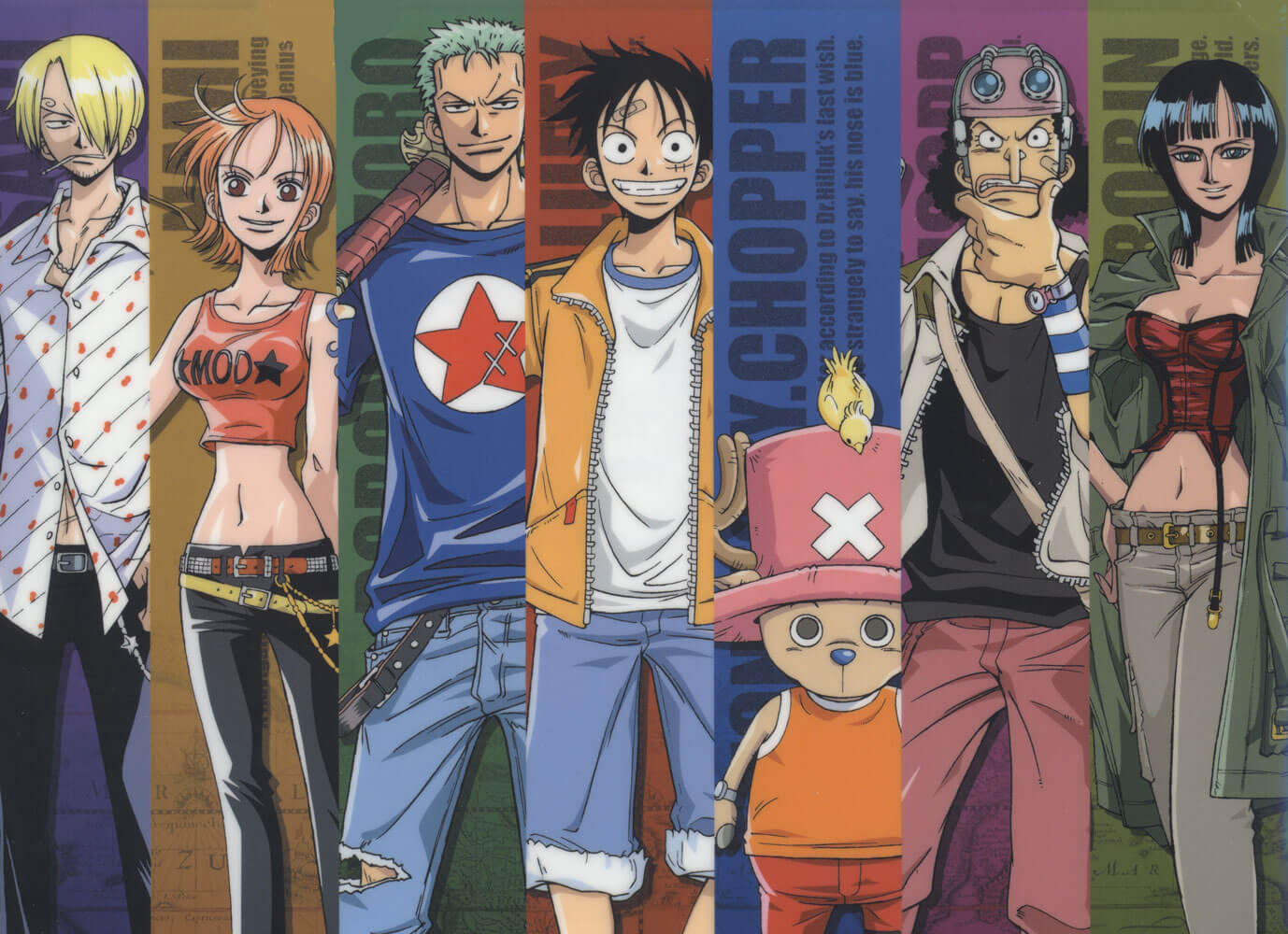 Retrato en fila de los personajes principales de One Piece a color