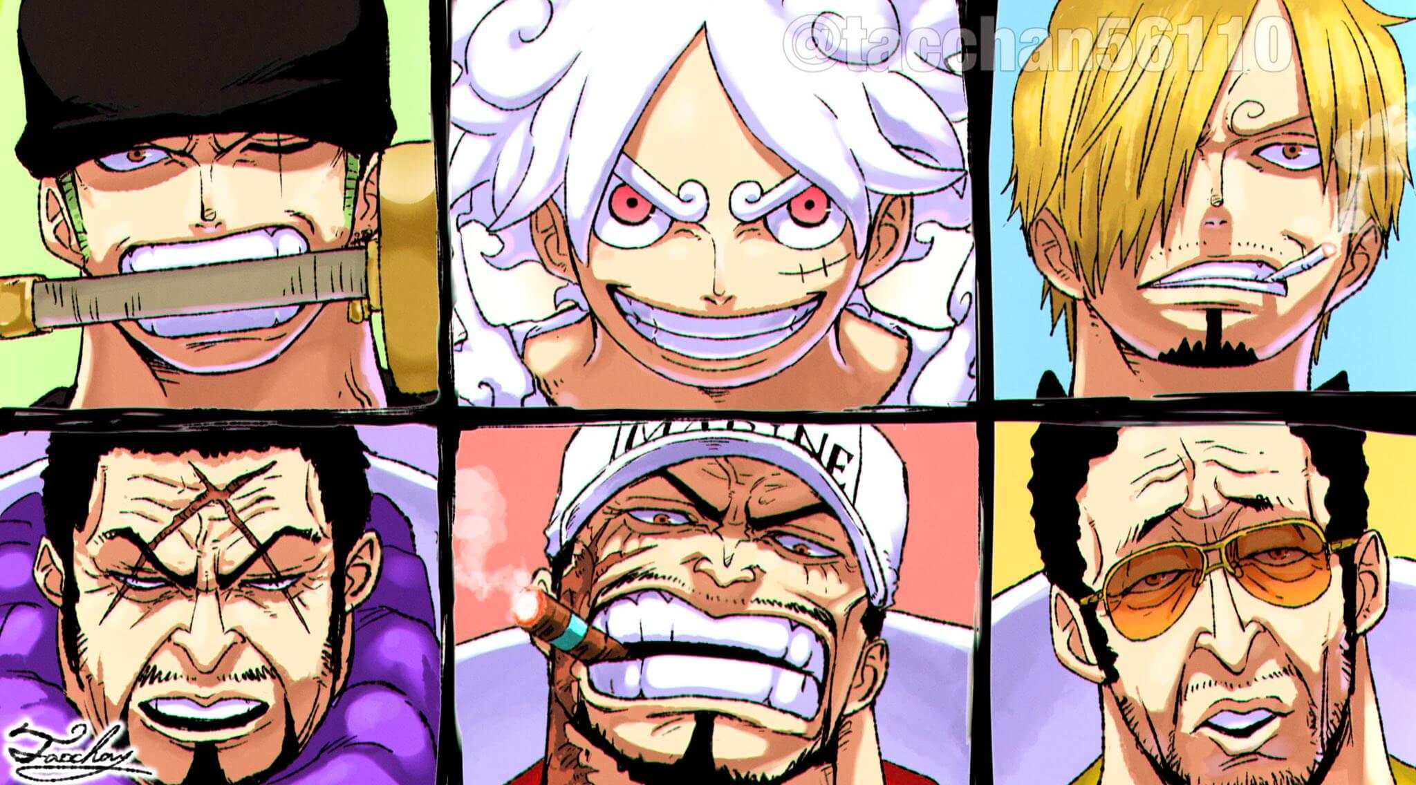 Distintos retratos de personajes principales de la serie One Piece