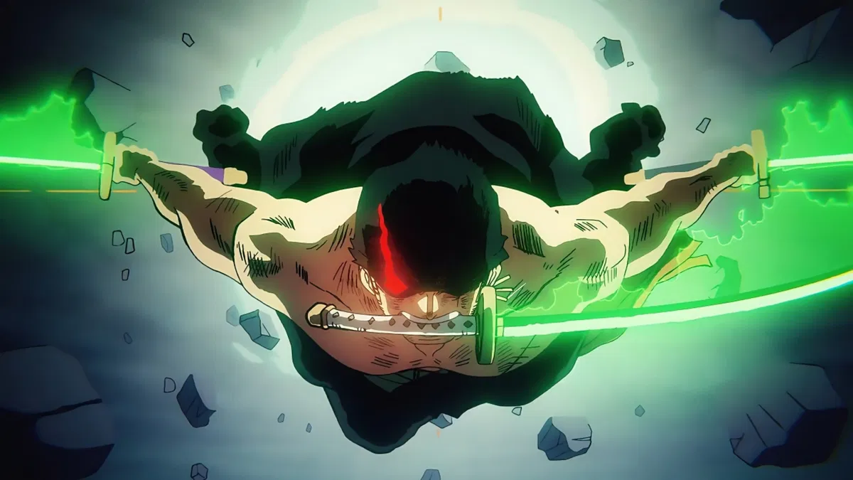 Zoro Ronoroa con dos espadas en las manos y una katana en la boca cayendo