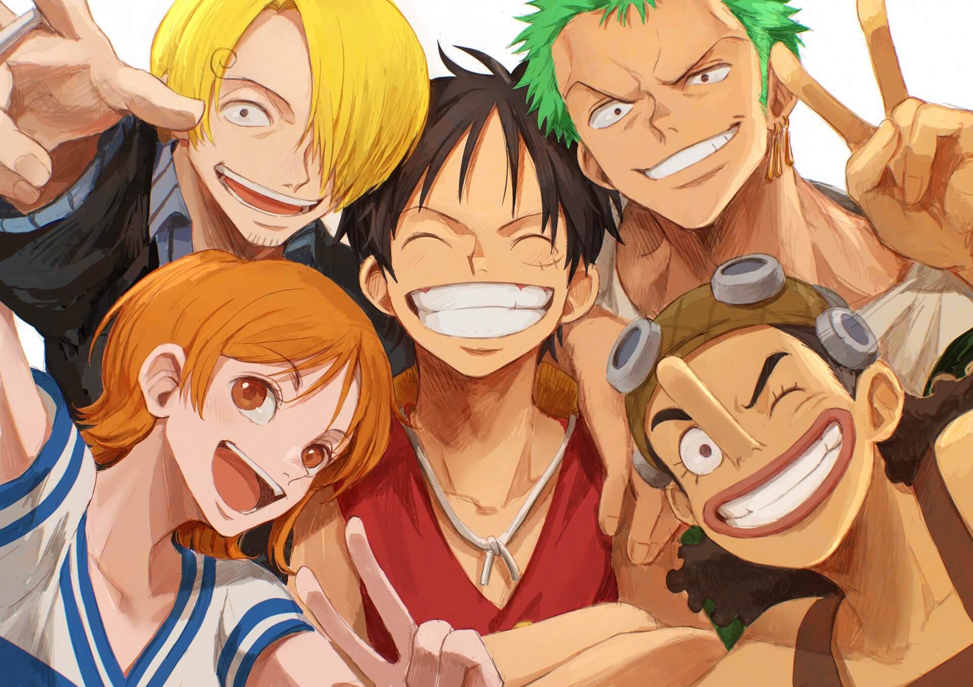 Selfie divertido de los personajes principales de la serie One Piece