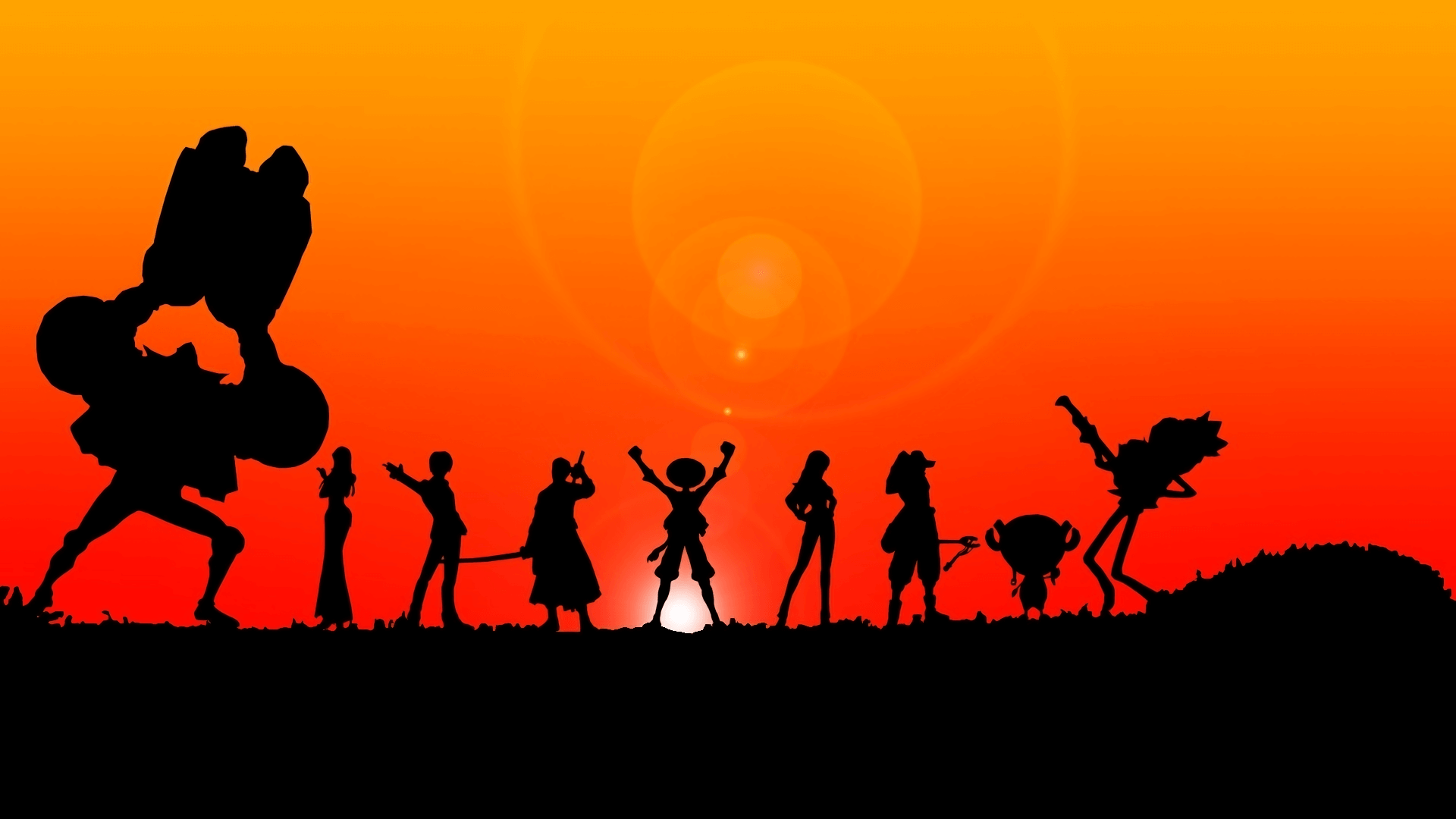 Siluetas de la tripulación del Sombrero de Paja de One Piece viendo el atardecer