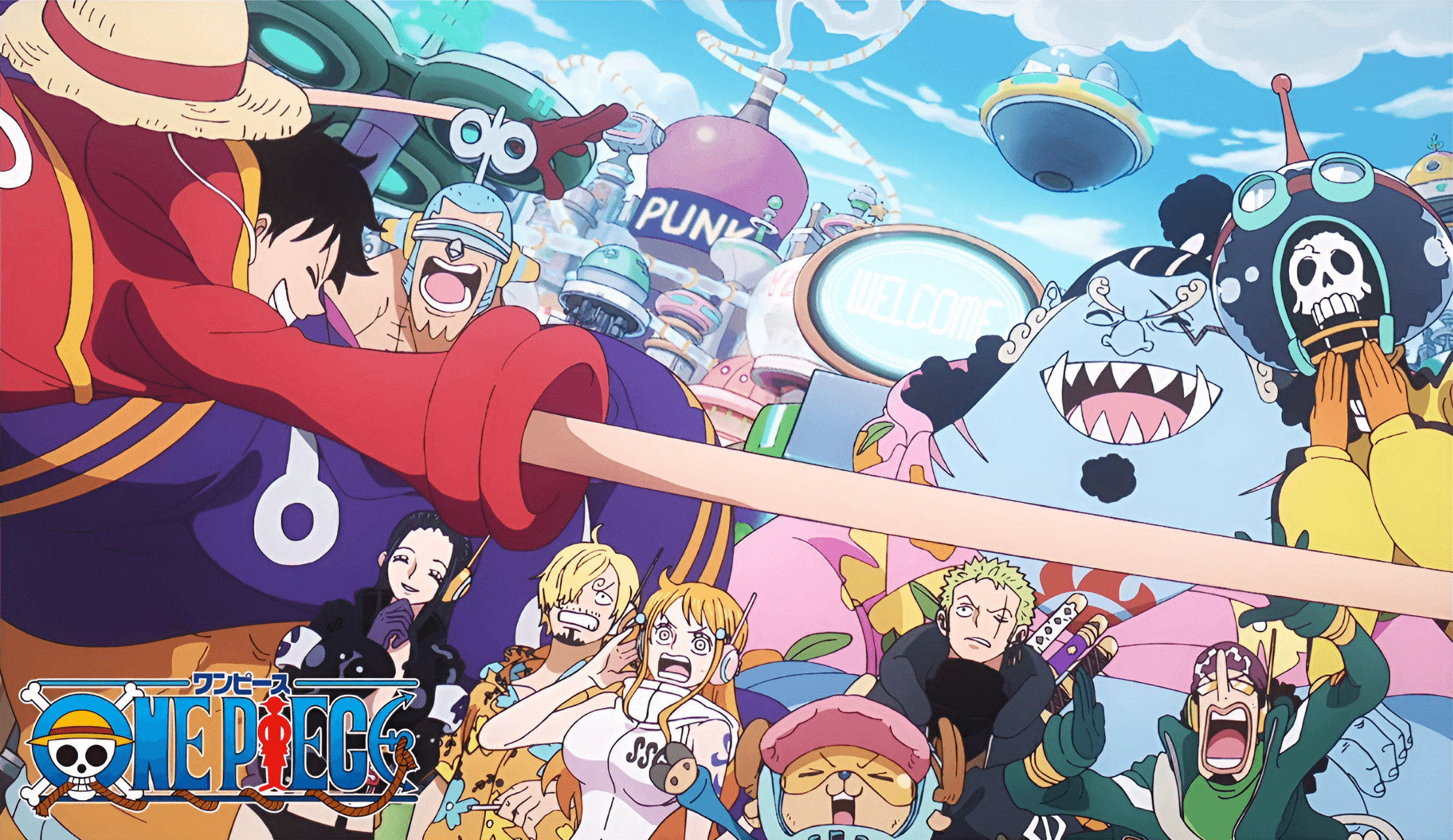 La tripulación de Luffy llega a Egghead con fondo tecnológico y logo de One Piece