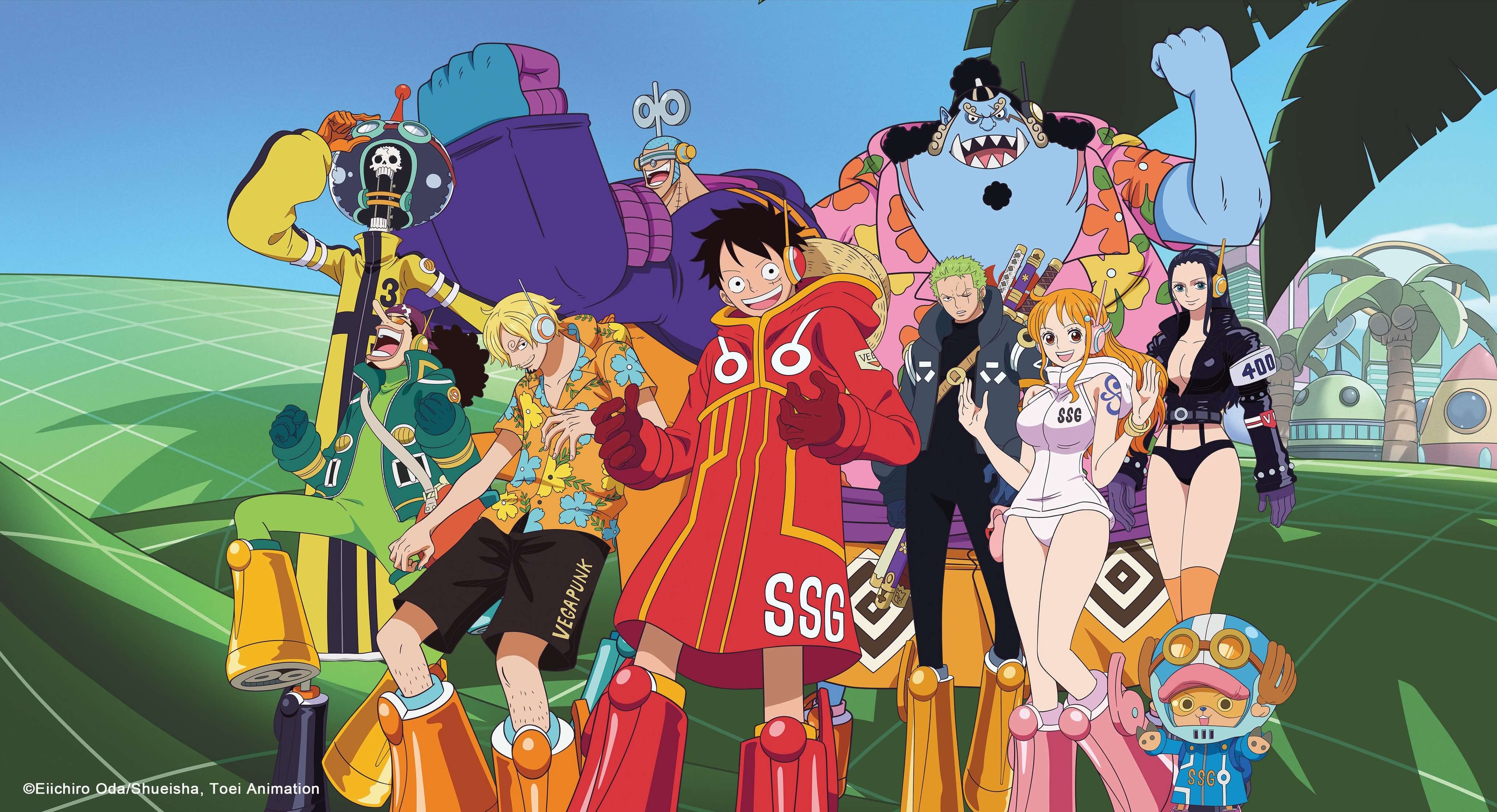 La tripulación de One Piece vistiendo unos atuendos futuristas de color rojo