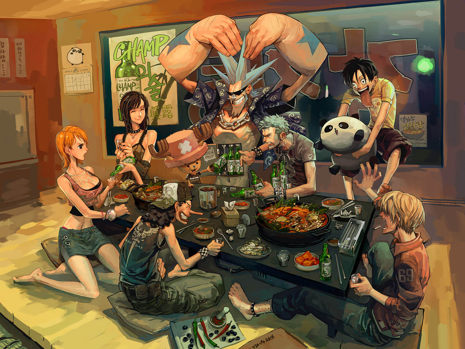 La tripulación de One Piece compartiendo una cena estilo coreano