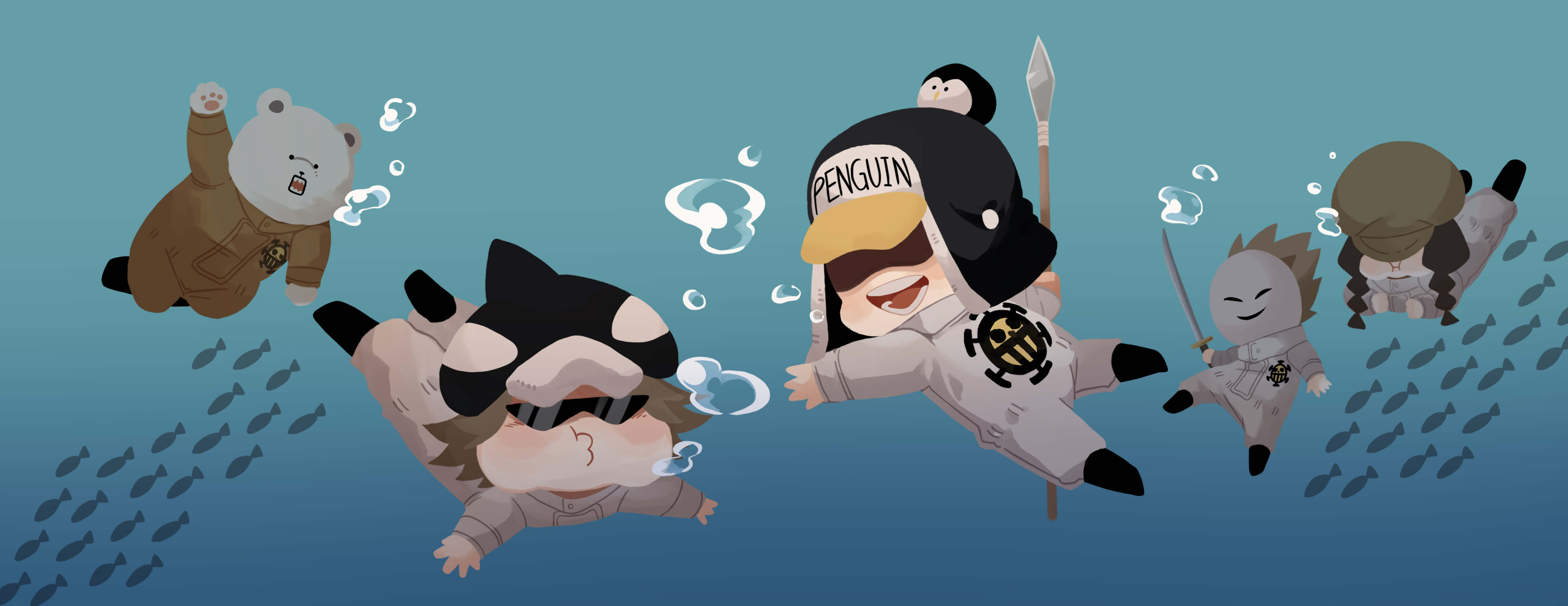 Personajes de One Piece estilo infantil buceando
