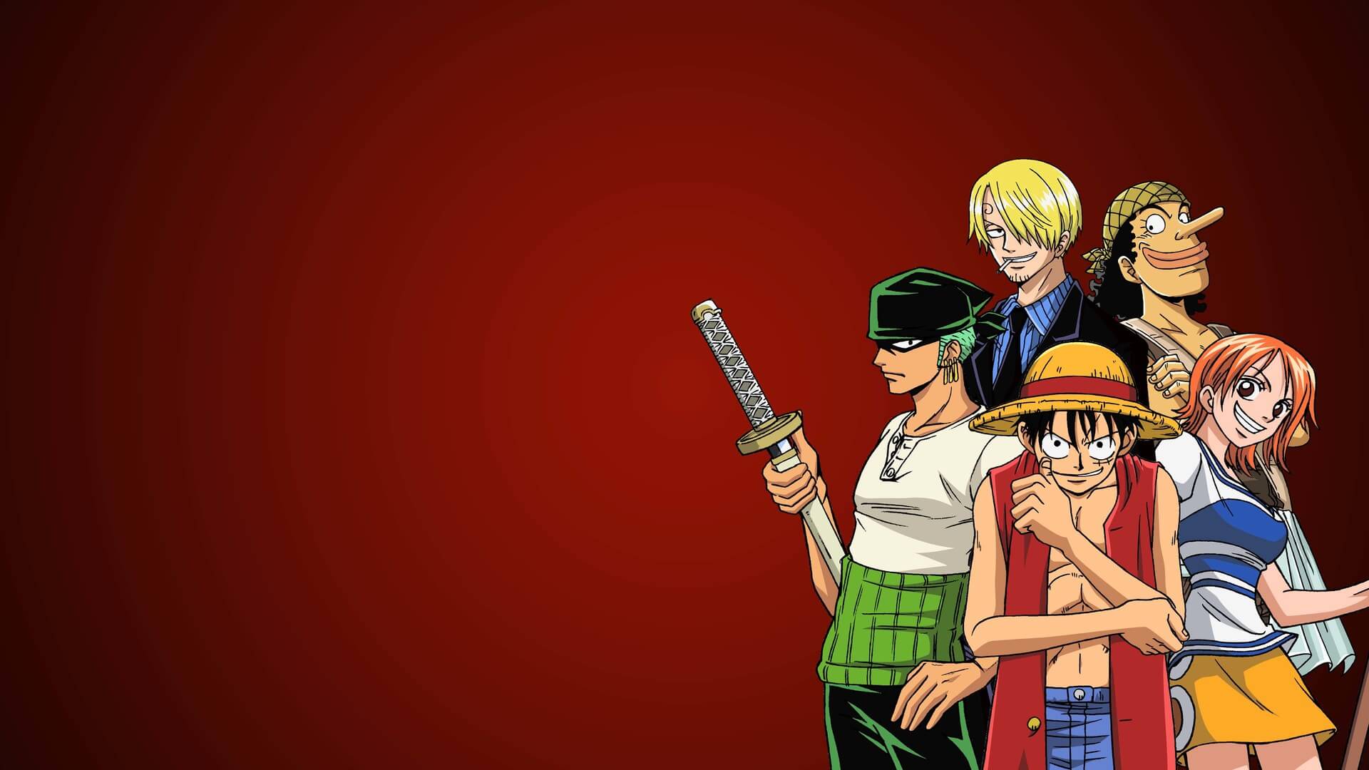 Tripukación de One Piece reunida con fondo rojo y posiciones distintas