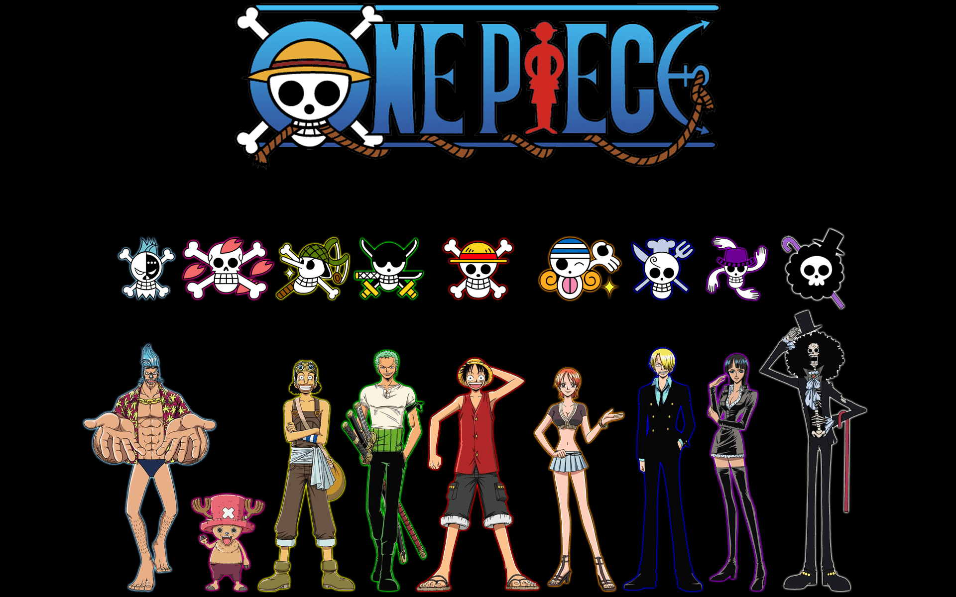Logo de One Piece y los personajes principales de la tripulación con sus Jolly Roger correspondientes