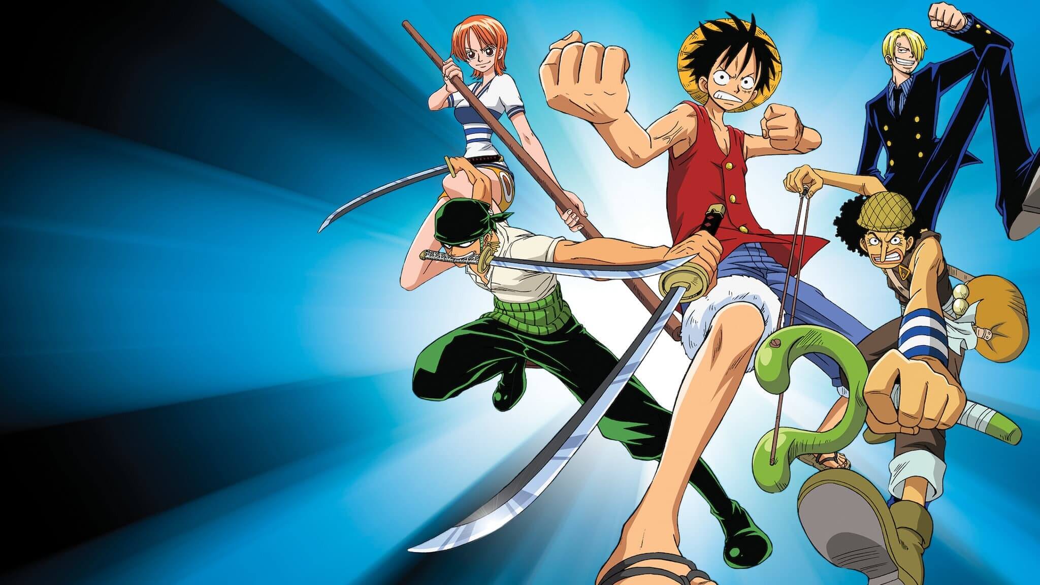 Luffy, Zoro, Nami y Sanji en pose de batalla con fondo azul