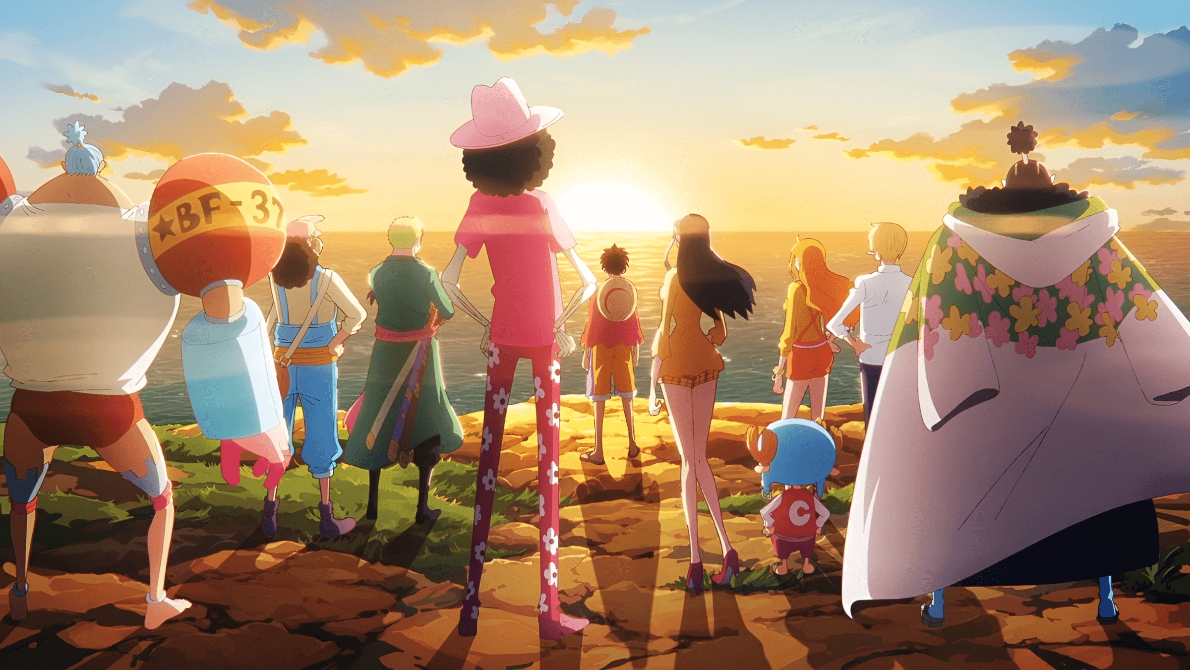 La tripulación del Sombrero de Paja y Luffy mirando al horizonte con esperanza