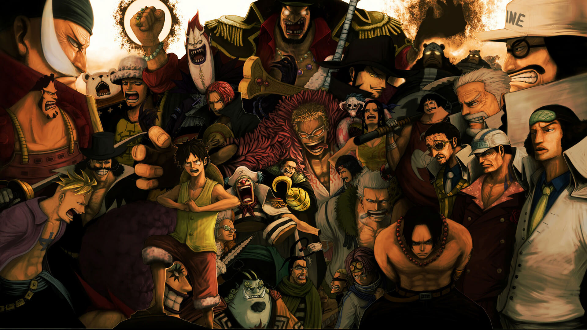 Foto grupal de los personajes villanos más poderosos de las temporadas de One Piece