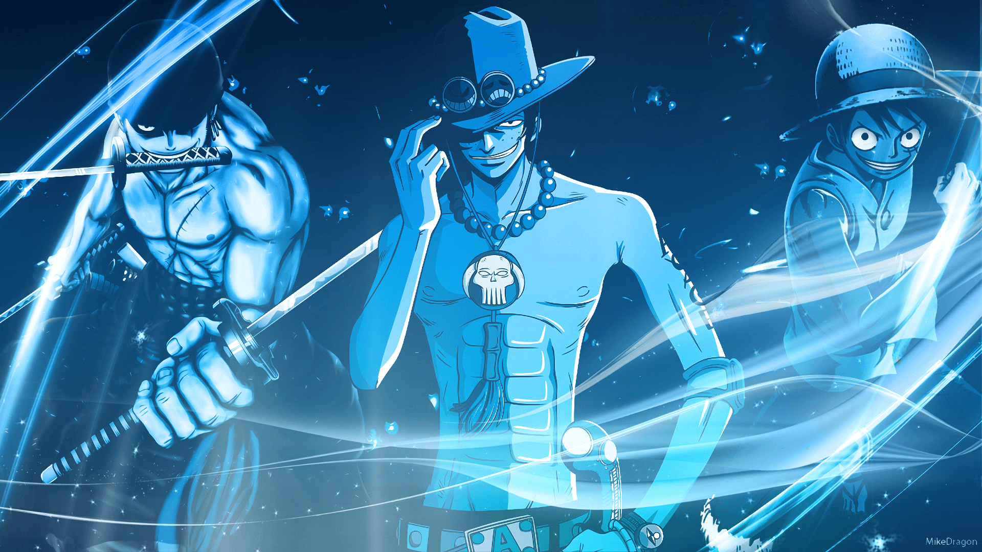 Zoro, Ace y Luffy en tonos azules con espadas y sombrero