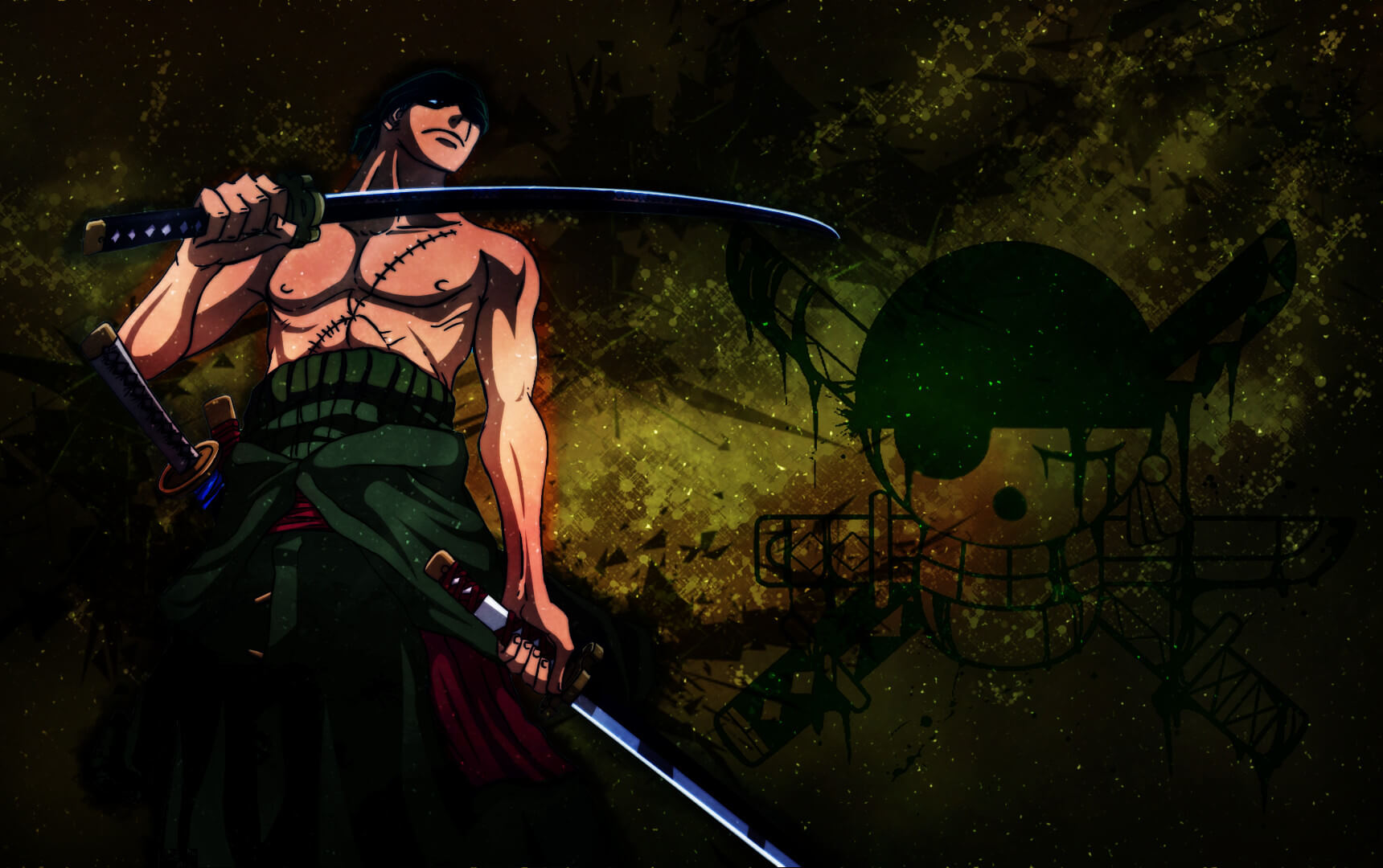 Zoro empuñando dos espadas con fondo galáctico