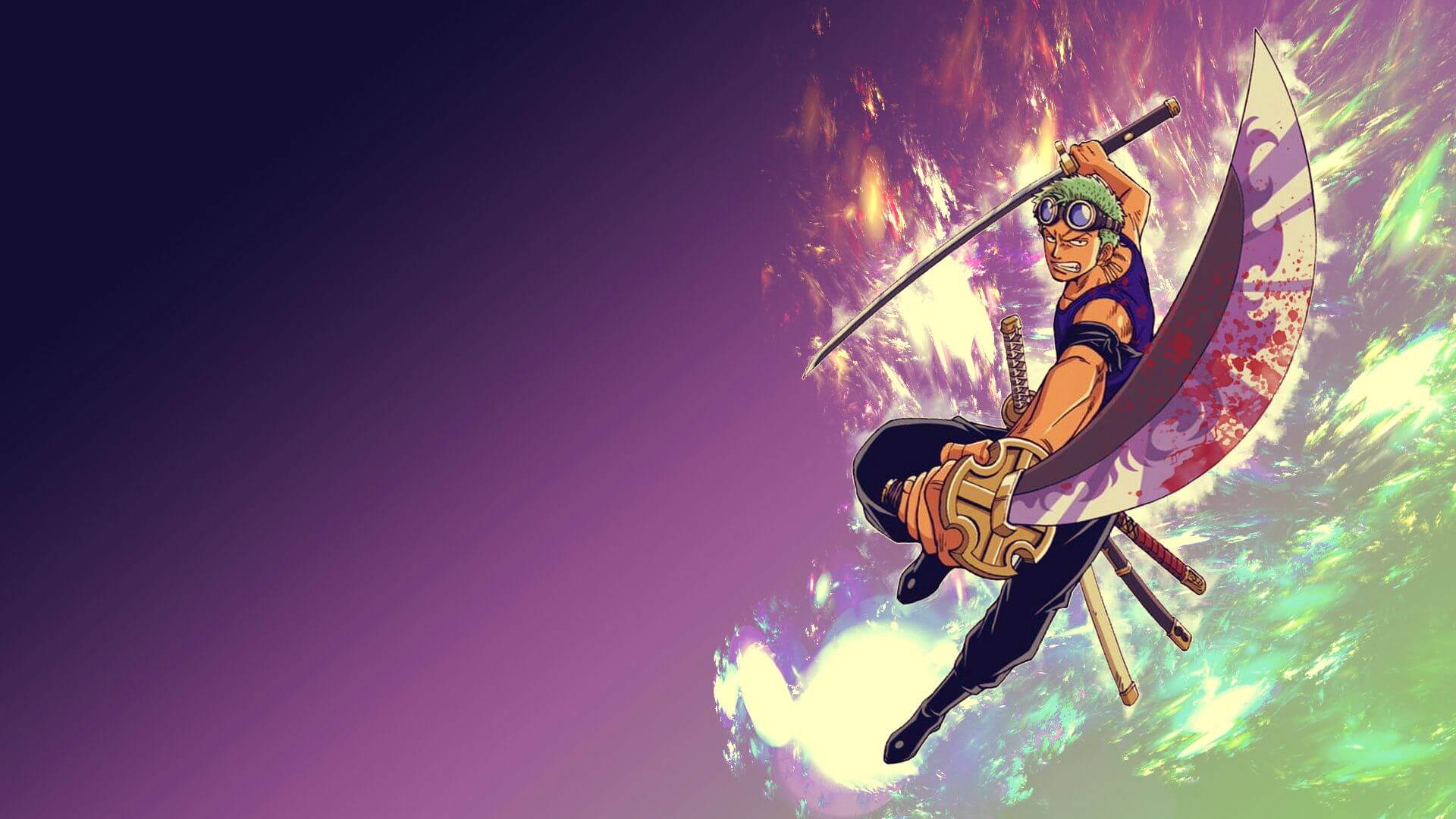Zoro con espadas en posición de ataque y fondo espacial